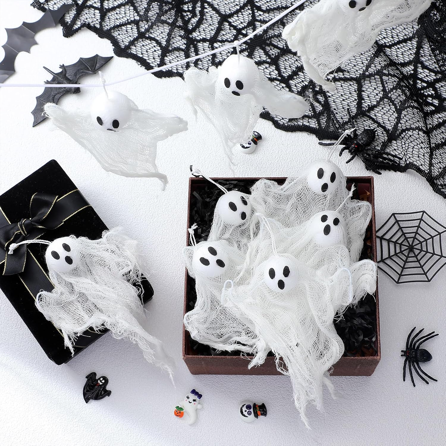 Aldernest 12 Pcs Halloween Ghost Hanging Ornaments, Small 3.2" Mesh Cloth, 2.88 ounces, white