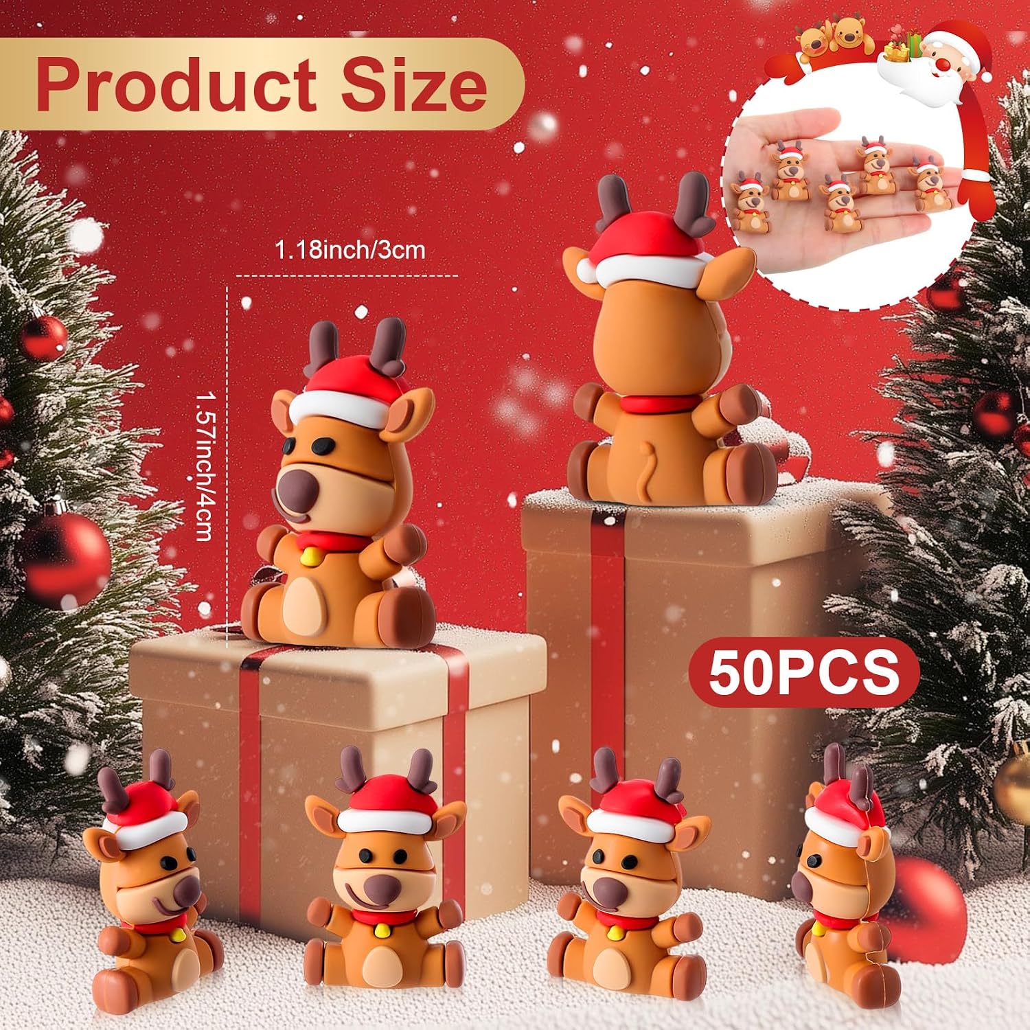 Oakmere 50 Pcs Mini Reindeer Figurines Rubber Christmas Deer, Trendy