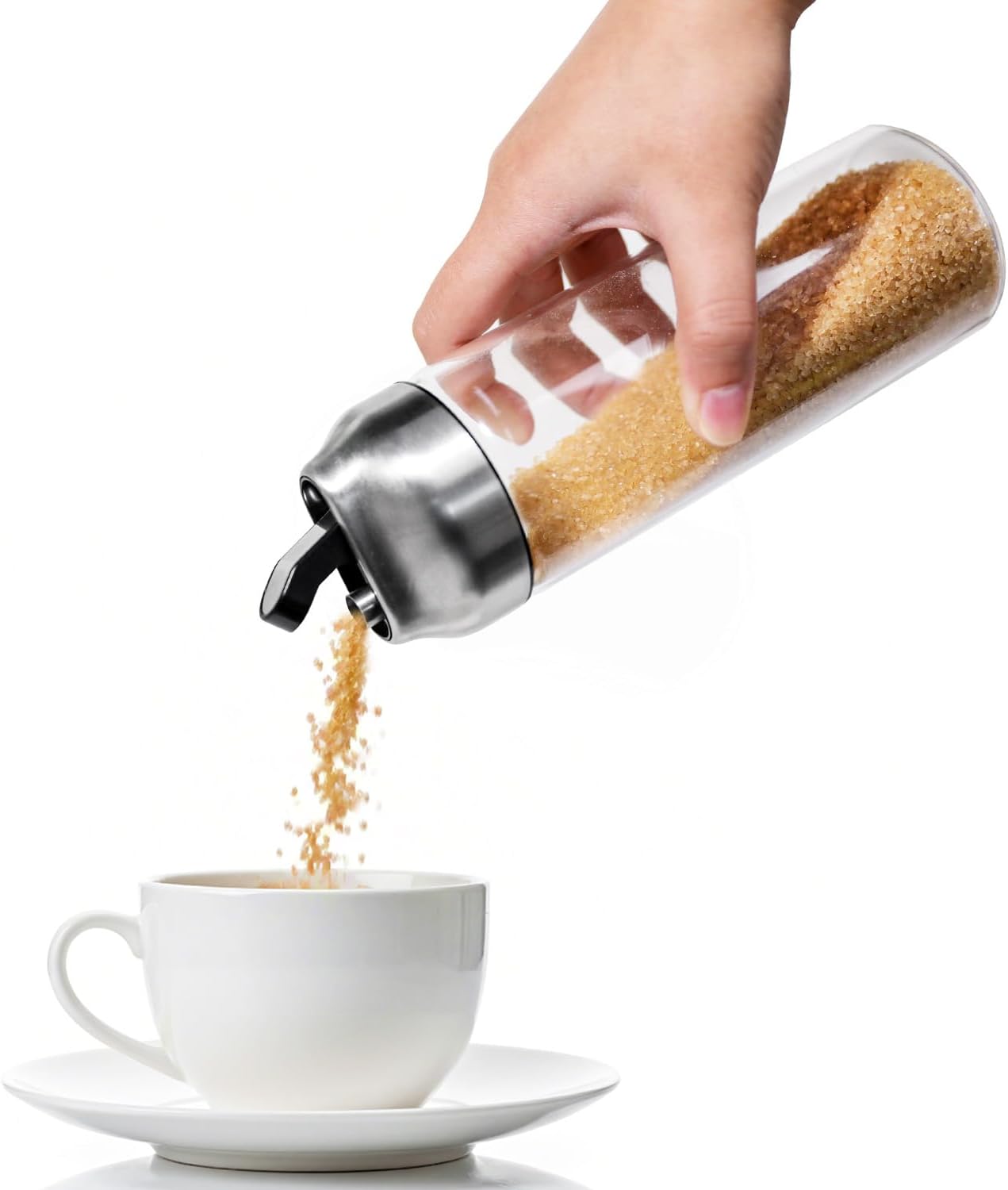 Aldernest Large Sugar Dispenser with Pour Spout, 14oz, 0.32 kg, Clear, Silver, 13.5 Count