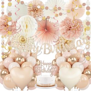 VelloHome Champagne-Gold Beige Fall Boho Birthday Party Decorations 62pcs Happy Birthday Banner, Peach White Paper Lanterns, Streamers