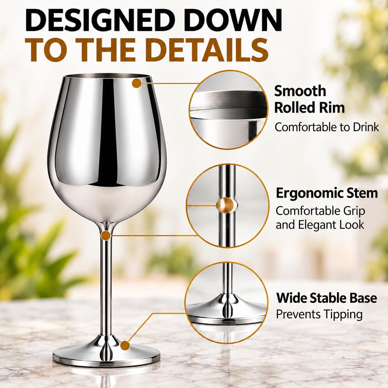 Aldernest Stainless Steel Wine Glasses Set of 4, 18oz Silver Goblets, 1.6 pounds, Sliver
