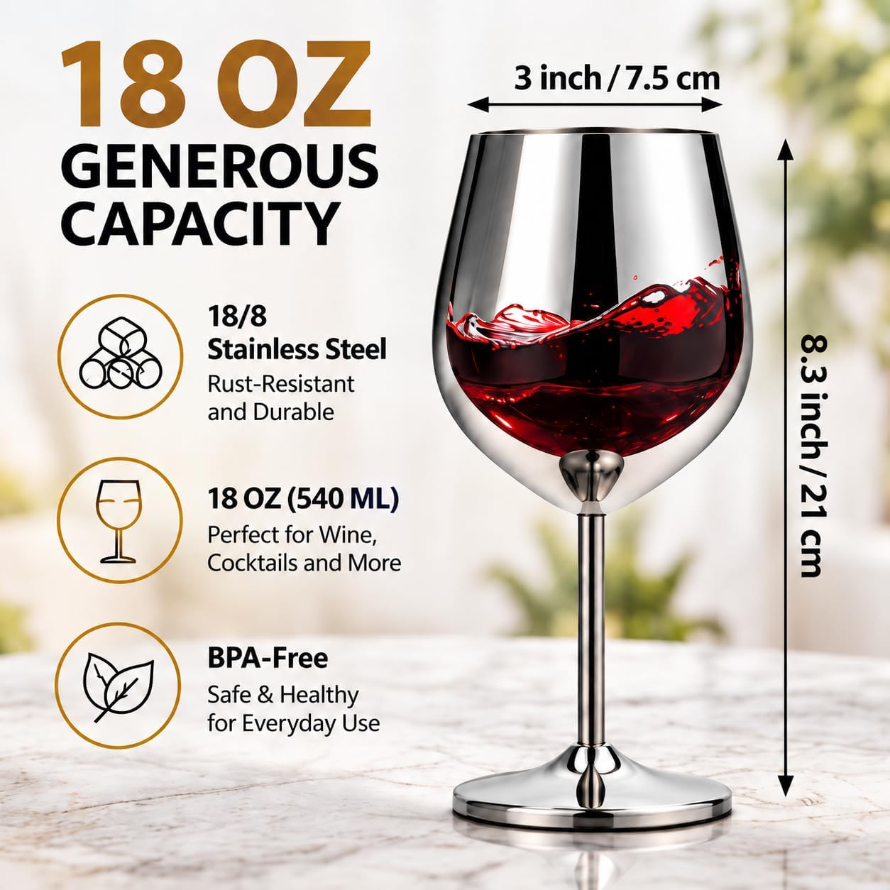 Aldernest Stainless Steel Wine Glasses Set of 4, 18oz Silver Goblets, 1.6 pounds, Sliver