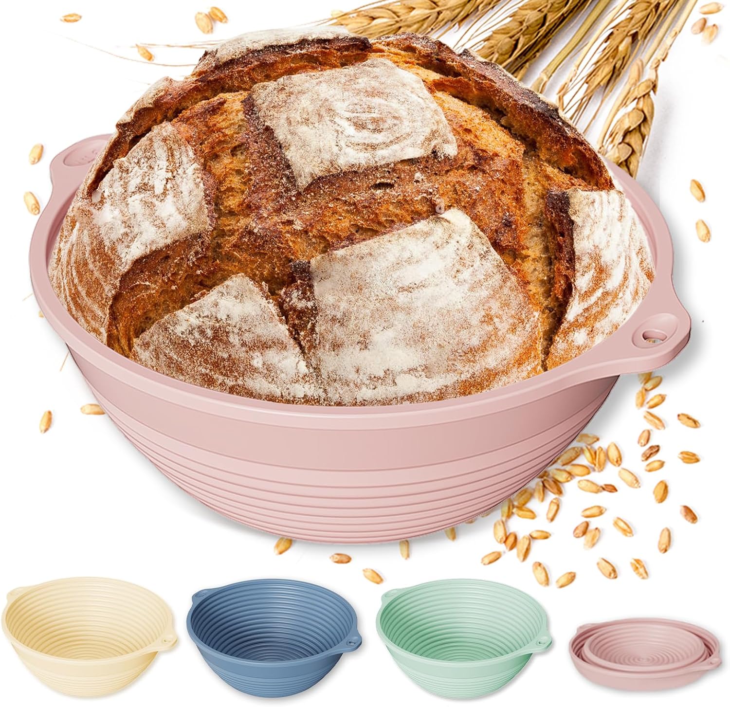 Ashenby 4Pcs 9" Silicone Banneton Bread Proofing Baskets with Dual Handles, 1.09 kg