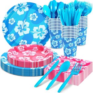 VelloHome 168 Pcs Hawaiian Blue Pink Cartoon Birthday Party Decorations, Sky Blue, Rose-red
