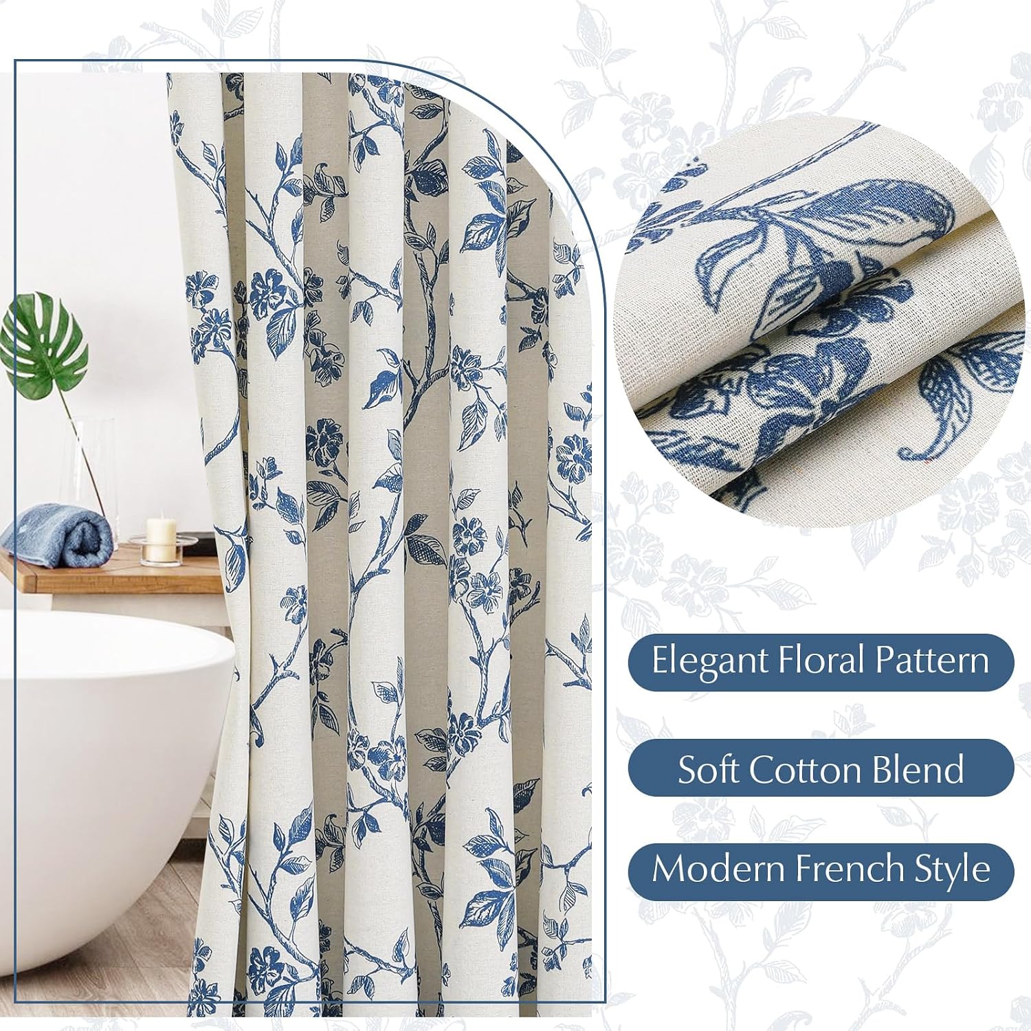Aldernest Blue Cotton Floral Shower Curtain for Bathroom, 72 x 72, 72"W x 72"L (Pack of 1)