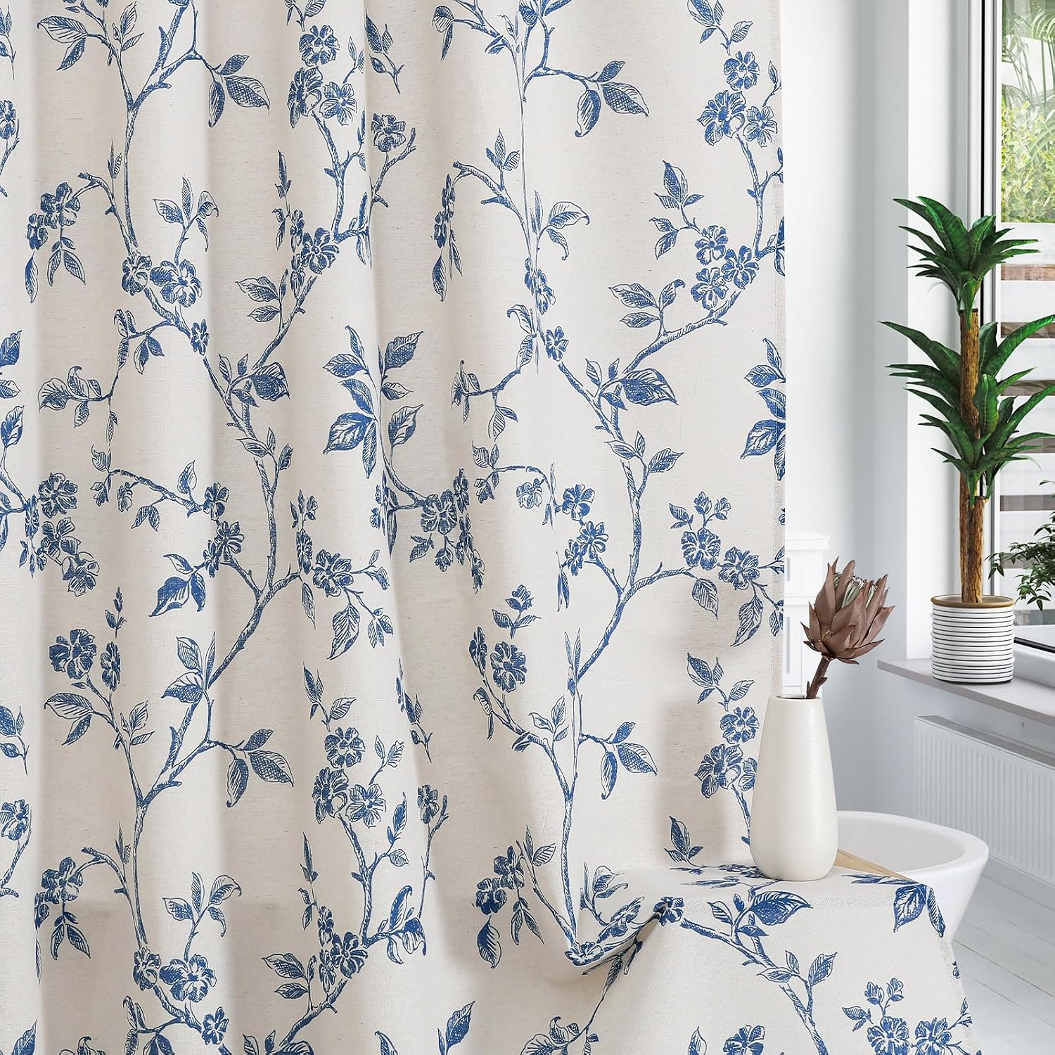 Aldernest Blue Cotton Floral Shower Curtain for Bathroom, 72 x 72, 72"W x 72"L (Pack of 1)