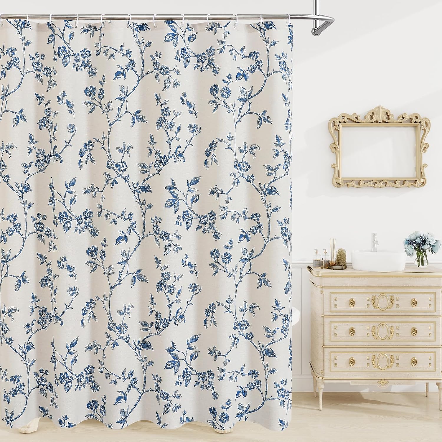 Aldernest Blue Cotton Floral Shower Curtain for Bathroom, 72 x 72, 72"W x 72"L (Pack of 1)