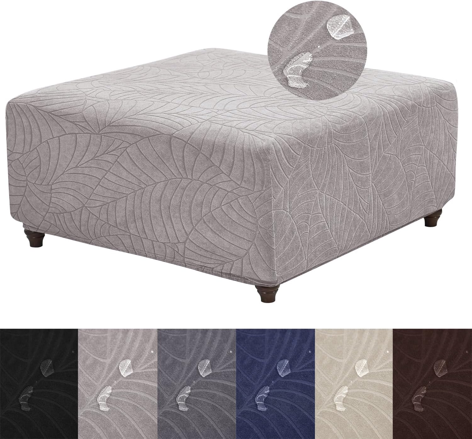 VelloHome Ottoman Cover Square-Stretch Water Repellent Ottoman Cover -Thick Square Storage Foot Stool Covers with Elastic Bottom Light Gray Medium