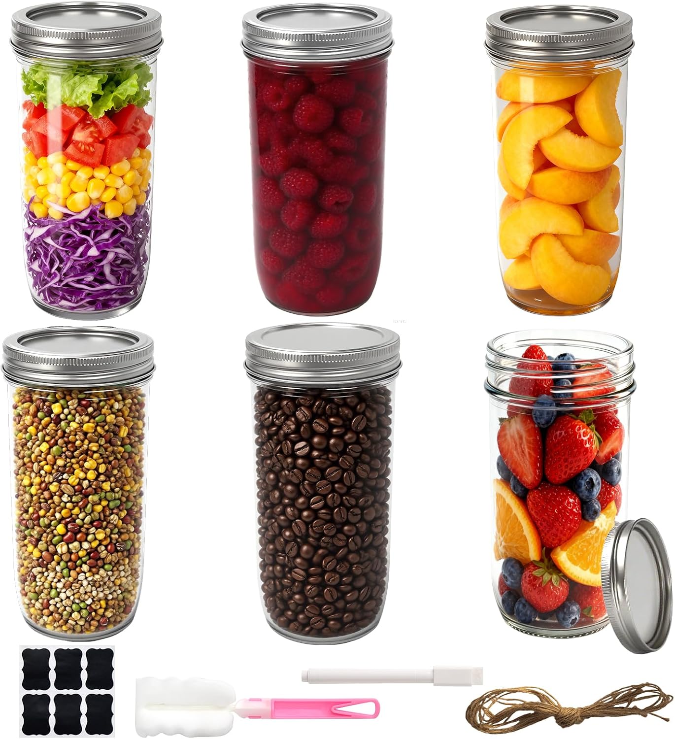 VelloHome Wide Mouth Mason Jars with Lids 24 oz Pint & A Half Size Pack of 6