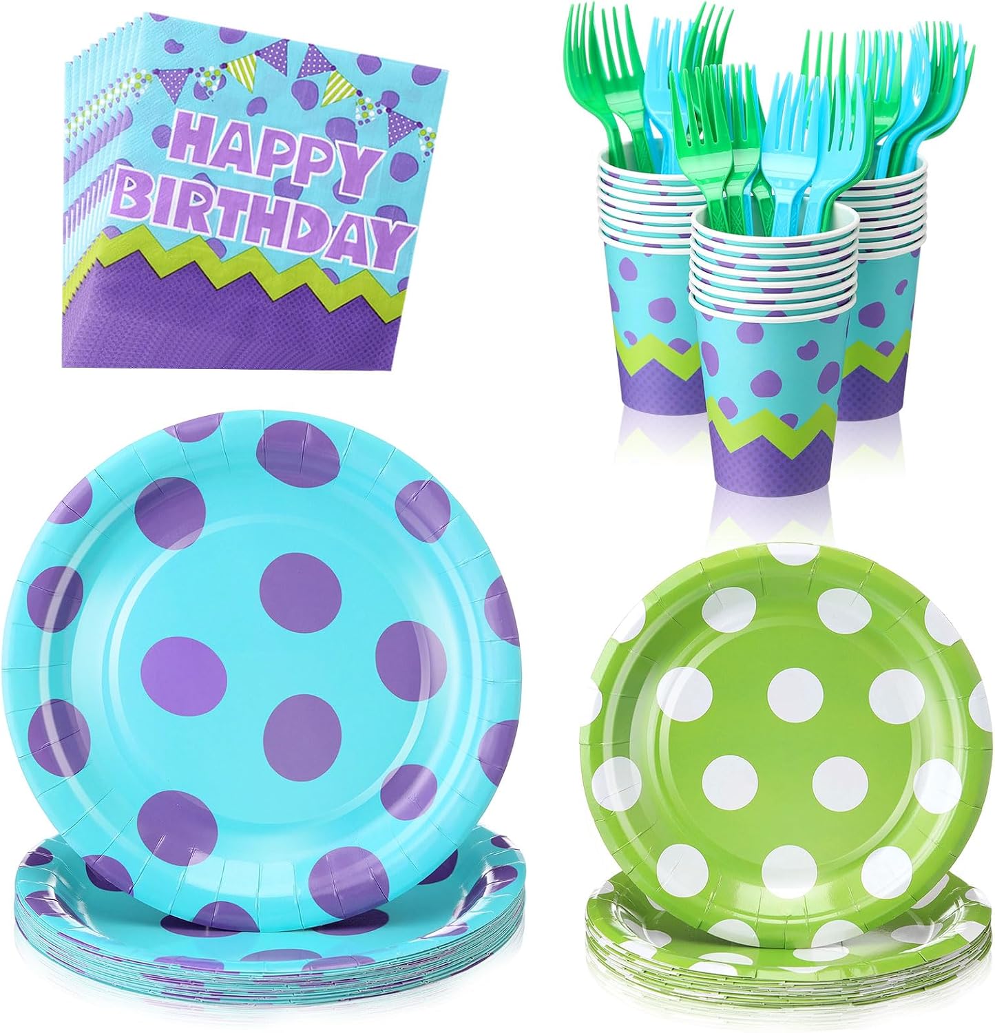 Tanglewick 120 Pcs Monster Birthday Party Supplies, Plates Napkins Cups Forks, 1.7 pounds, Blue, Green