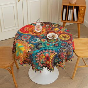 Aldernest Boho Tablecloth for Round Tables, Fringed Edges with Geometric Pattern Tablecloths, 16 ounces, 60" (Round), Dot Colorful