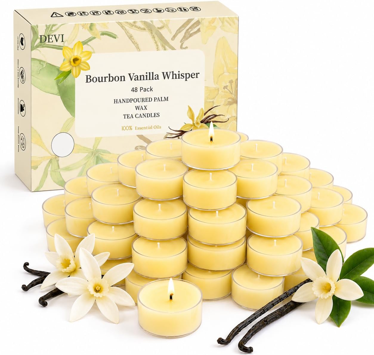 Rowanmere Vanilla Bean Scented Tea Lights Candles 48 Pack, Mini Votives, 5 Hours-Vanilla, Cream Vanilla