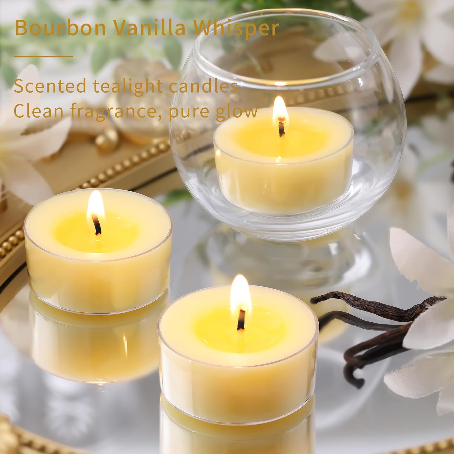 Rowanmere Vanilla Bean Scented Tea Lights Candles 48 Pack, Mini Votives, 5 Hours-Vanilla, Cream Vanilla