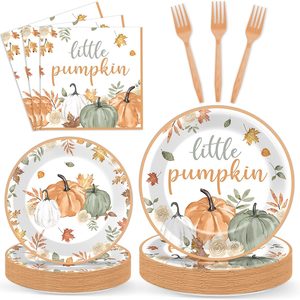 Ashenby 96Pcs Fall Little Pumpkin Baby Shower Party Decoration Set Autumn Lil Pumpkin Plates and Napkins Tableware Set Party Decorations for Baby
