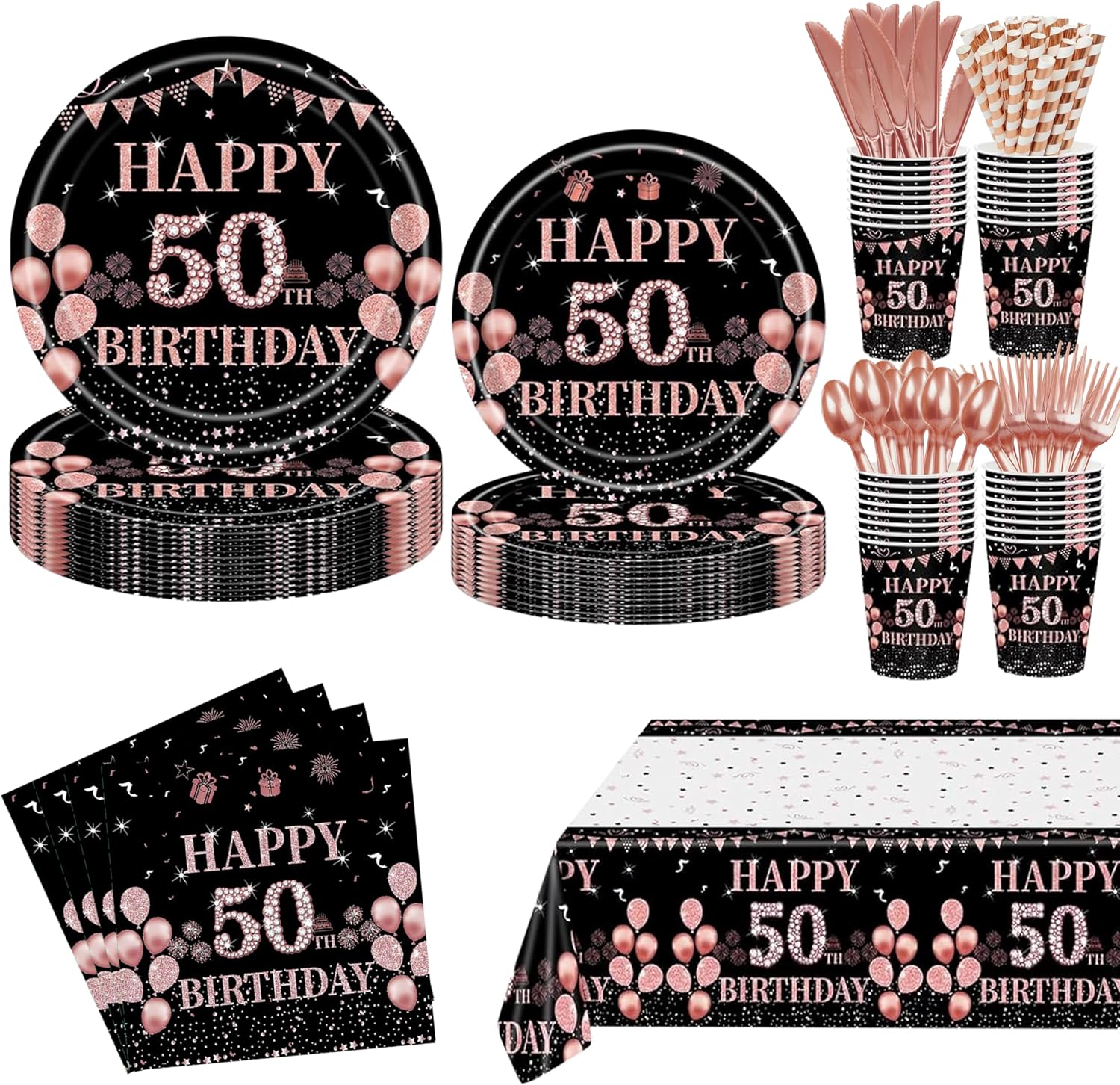 Aldernest 193 Pcs 50th Birthday Party Supplies for 24 Guests, Rose Gold
