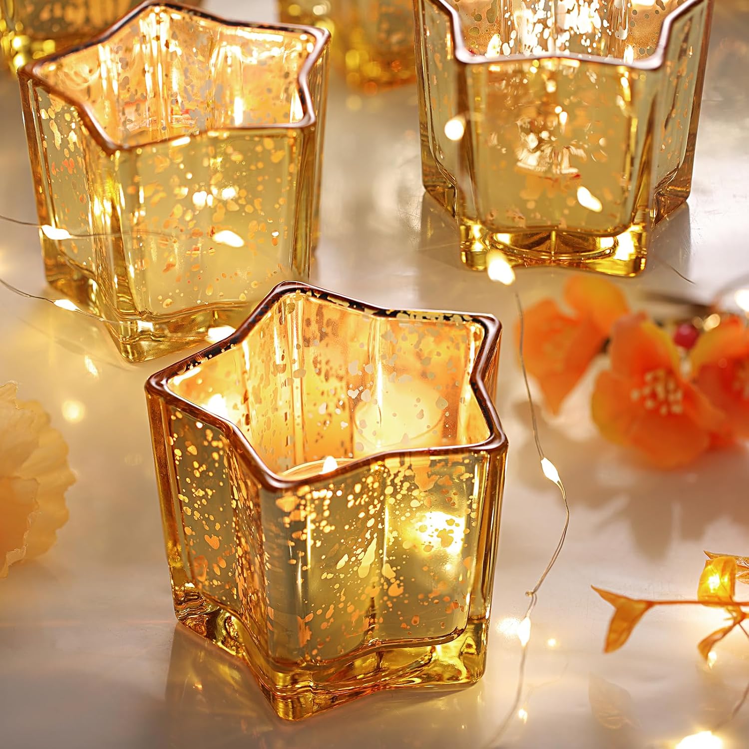 Tanglewick 8pcs Gold Star Candle Holders Set - Elegant Tea Light & Votive Holders for Diwali, Weddings