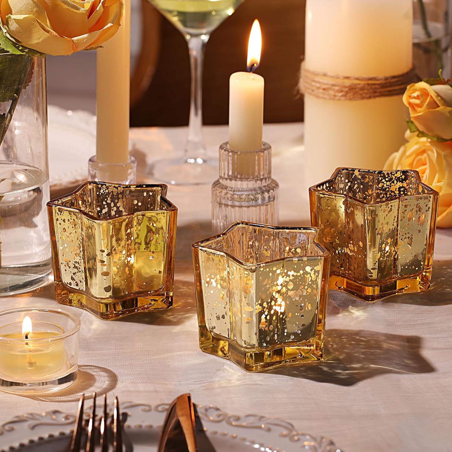 Tanglewick 8pcs Gold Star Candle Holders Set - Elegant Tea Light & Votive Holders for Diwali, Weddings