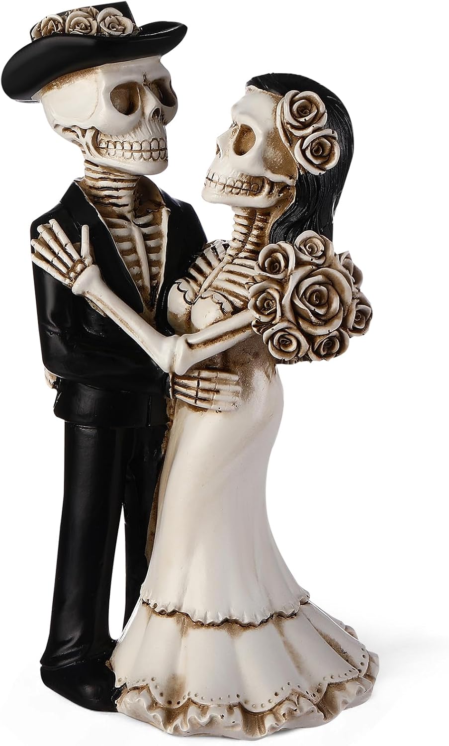 VelloHome Day-of-the-Dead Couple Skeleton Figurines, Standing, 9.12 ounces, 5.8 inches, Black, White