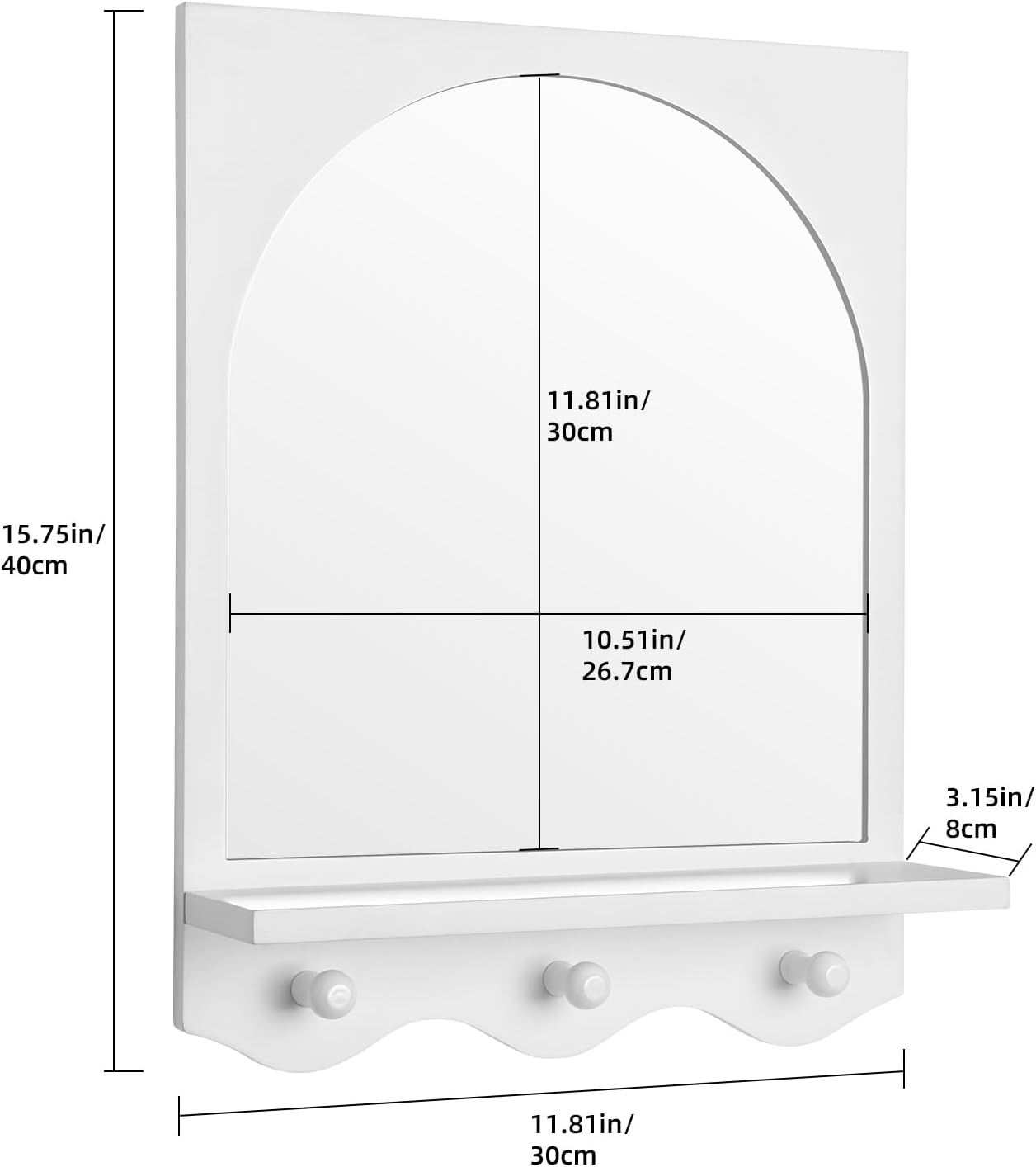 Barleyfield White 16"x12" Wood Framed Arched Mirror with Shelf and 3 Hooks, 2.76 pounds