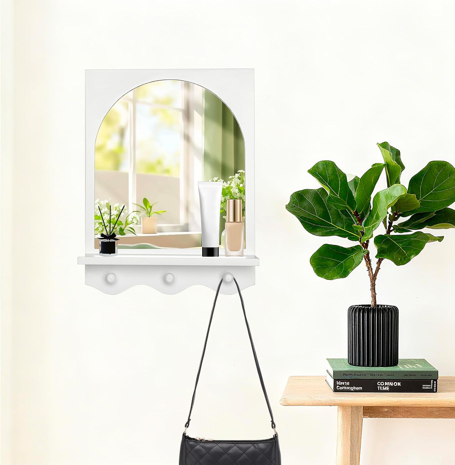 Barleyfield White 16"x12" Wood Framed Arched Mirror with Shelf and 3 Hooks, 2.76 pounds