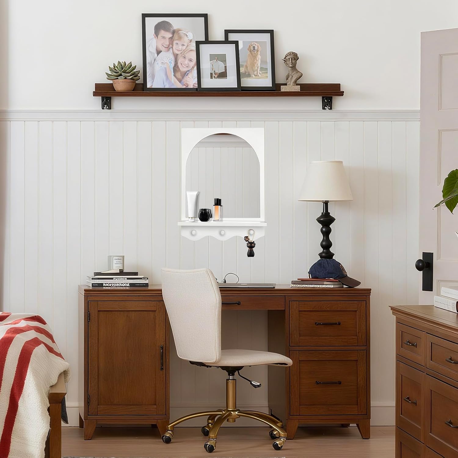 Barleyfield White 16"x12" Wood Framed Arched Mirror with Shelf and 3 Hooks, 2.76 pounds