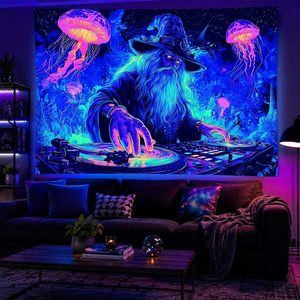 Ashenby Blacklight Tapestry Wizard DJ Party Backdrop 78 x 59 Inch, Wizard DJ Blacklight Tapestry