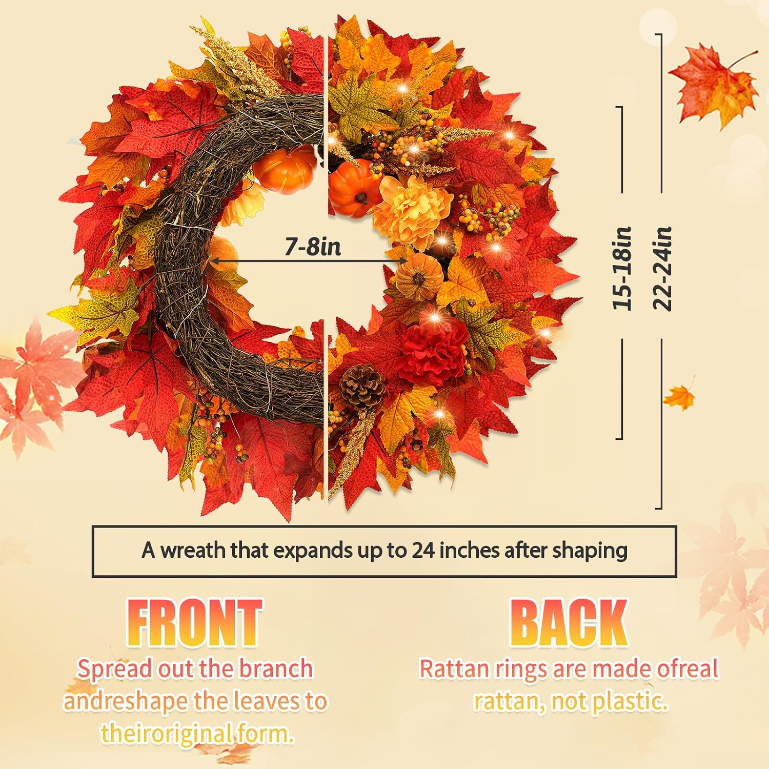 Brackenly 24 Inch Fall Wreaths for Front Door, Fall Door Wreath with Lights and Timer, Plaid Bow