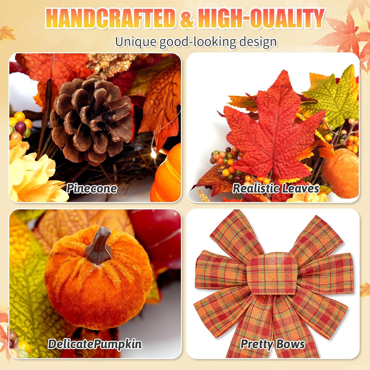 Brackenly 24 Inch Fall Wreaths for Front Door, Fall Door Wreath with Lights and Timer, Plaid Bow