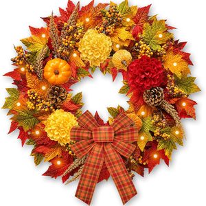 Brackenly 24 Inch Fall Wreaths for Front Door, Fall Door Wreath with Lights and Timer, Plaid Bow