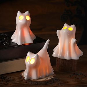 Ashenby 3 Pcs Ceramic Ghost Cat Halloween Candle Holders Decor, White