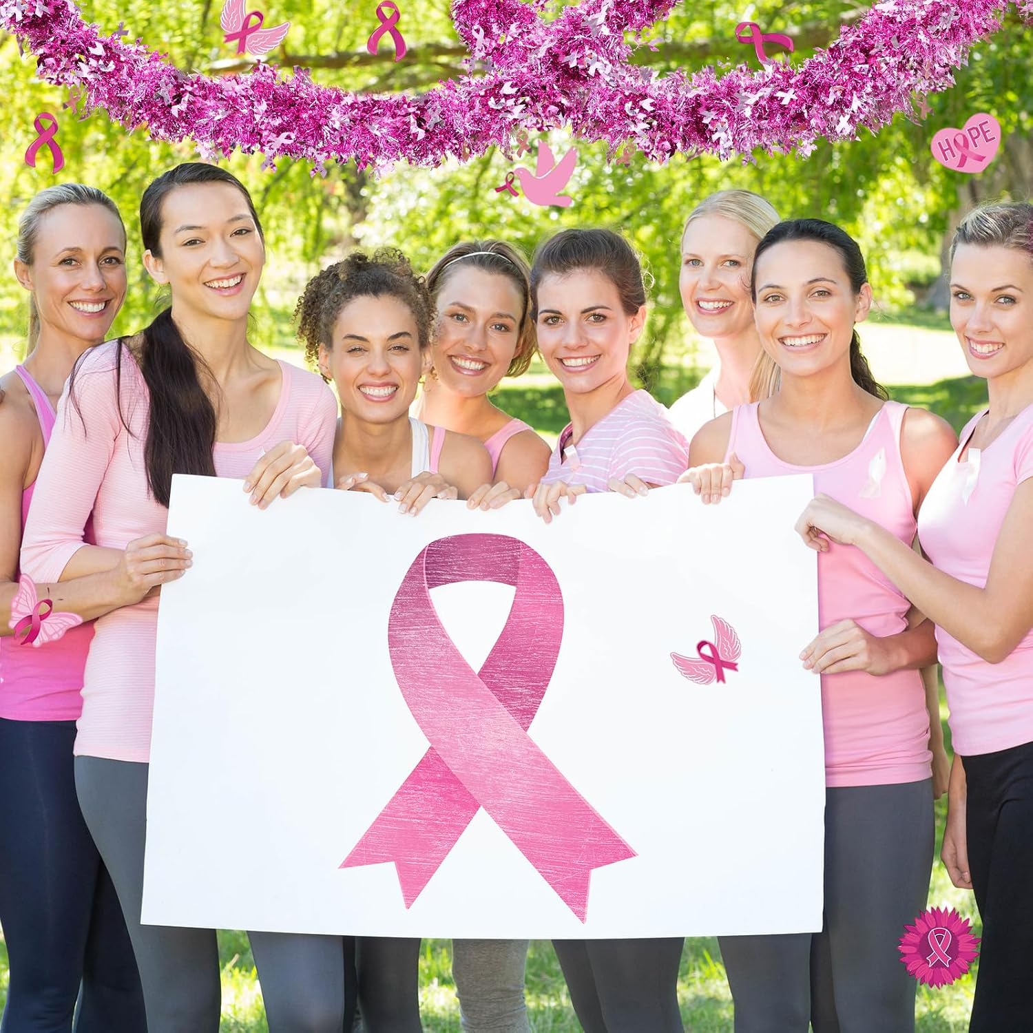 Aldernest 59Ft Breast Cancer Awareness Tinsel Garland, Pink Ribbon Pendants, 10.72 ounces