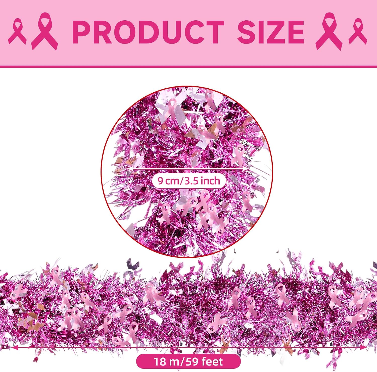 Aldernest 59Ft Breast Cancer Awareness Tinsel Garland, Pink Ribbon Pendants, 10.72 ounces