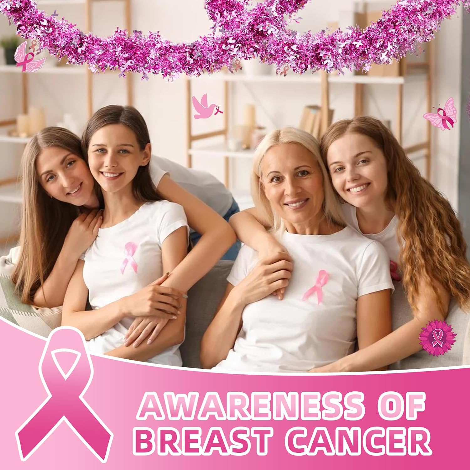 Aldernest 59Ft Breast Cancer Awareness Tinsel Garland, Pink Ribbon Pendants, 10.72 ounces