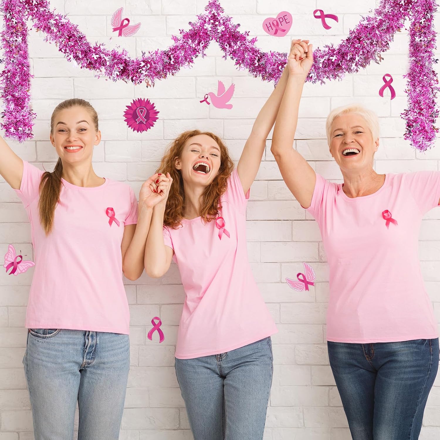 Aldernest 59Ft Breast Cancer Awareness Tinsel Garland, Pink Ribbon Pendants, 10.72 ounces
