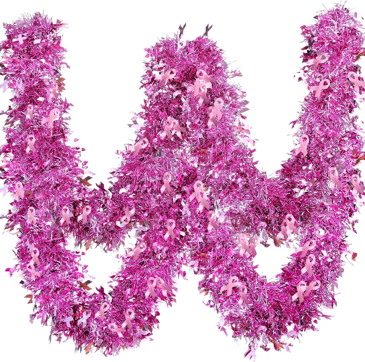 Aldernest 59Ft Breast Cancer Awareness Tinsel Garland, Pink Ribbon Pendants, 10.72 ounces