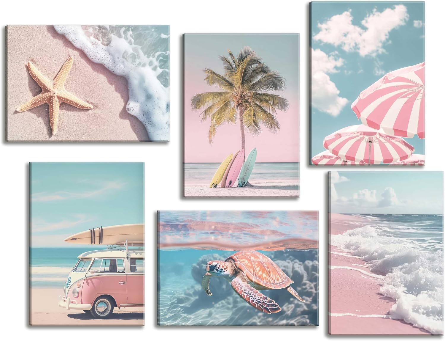 Ashenby 6Pcs Summer Beachy Wall Art Pink Coastal Wall Decor 8x10in Framed