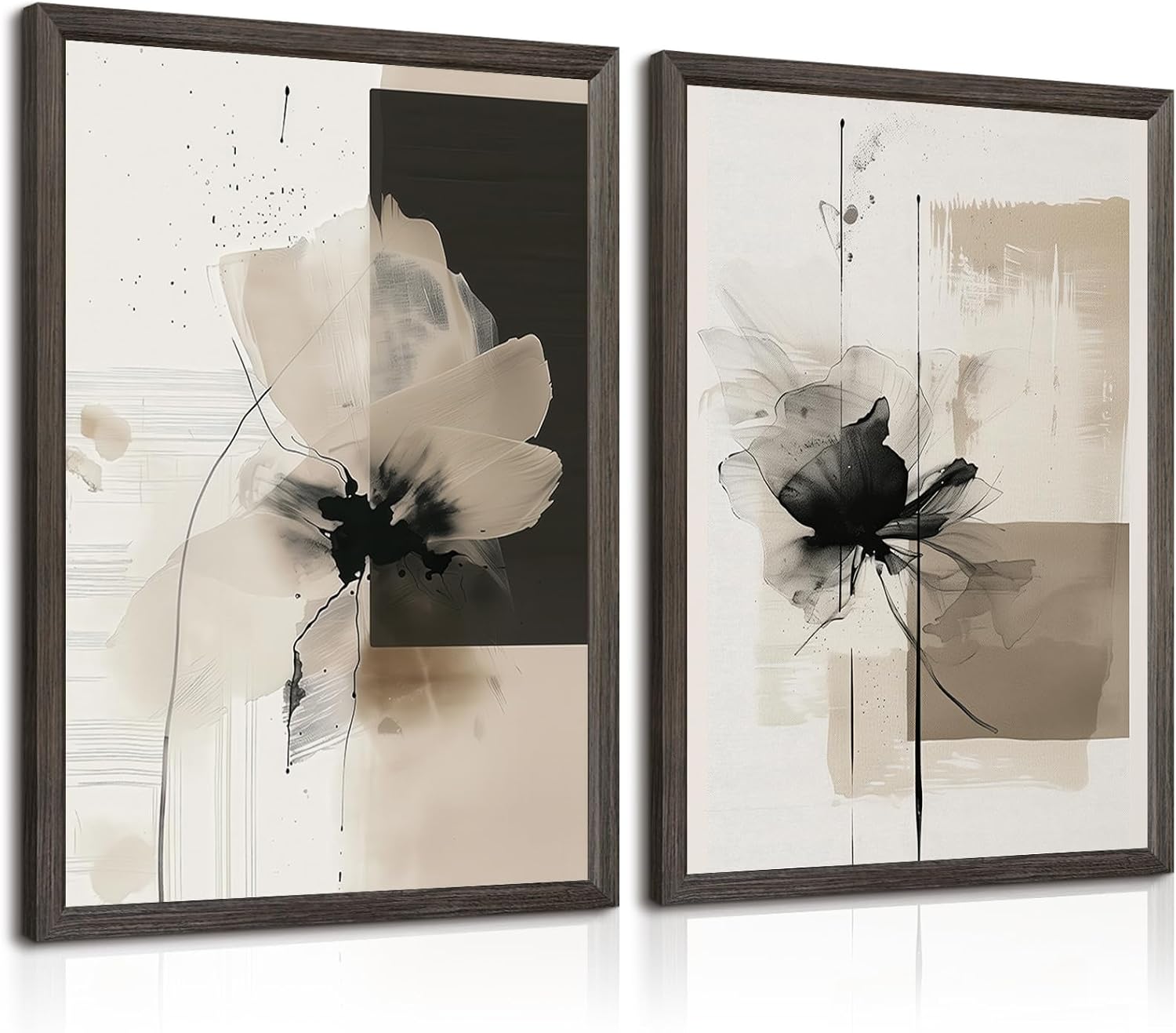 Aldernest Modern Abstract Floral Wall Art Minimalist Neutral Canvas Painting Decor Beige Cream And Black Wall Art Contemporary Flower Picture Prints