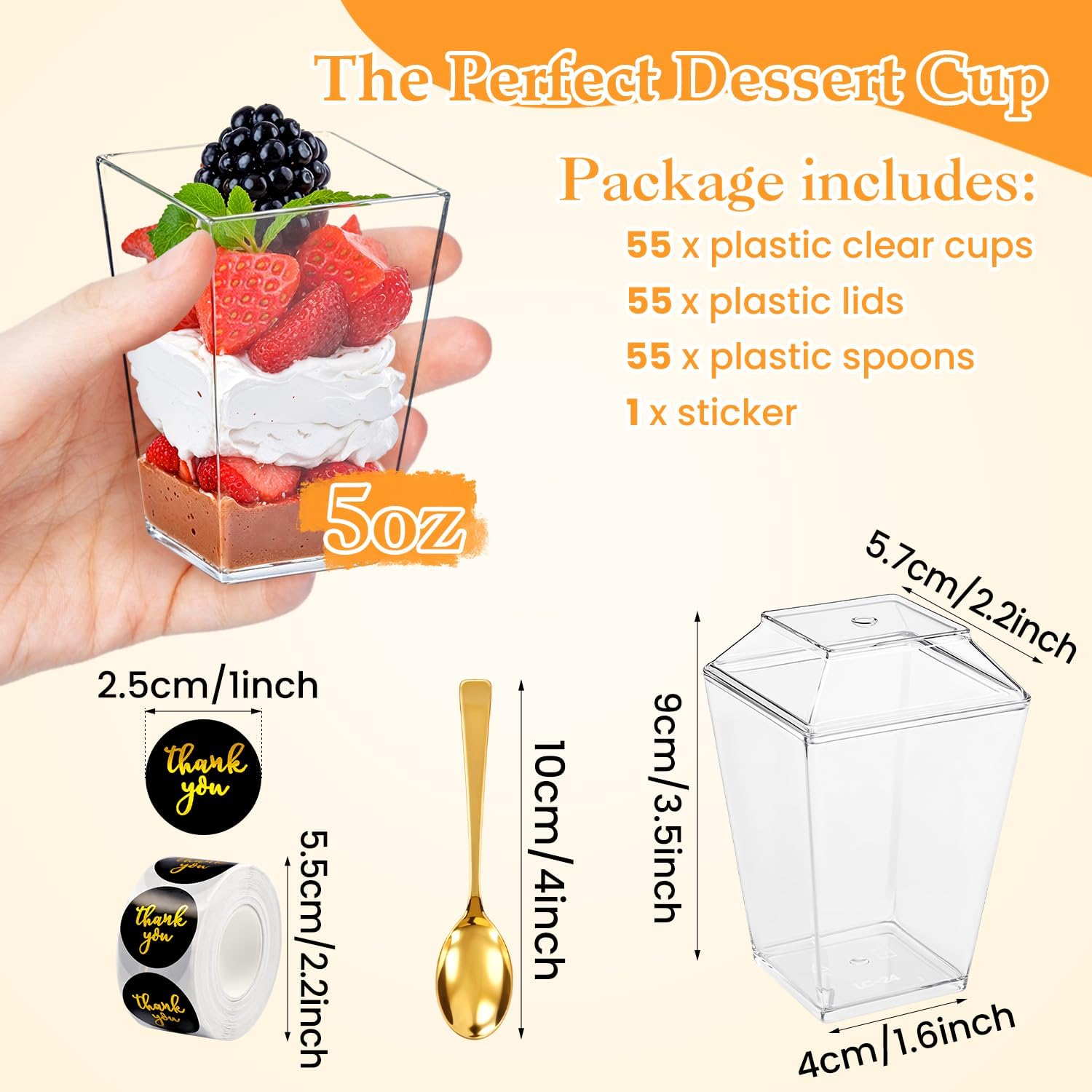 Aldernest 165 Pcs 5oz Dessert Cups with Lids, Gold Spoons, Clear Plastic Parfait Cups, 55 cups + 55 spoons + 55 lids