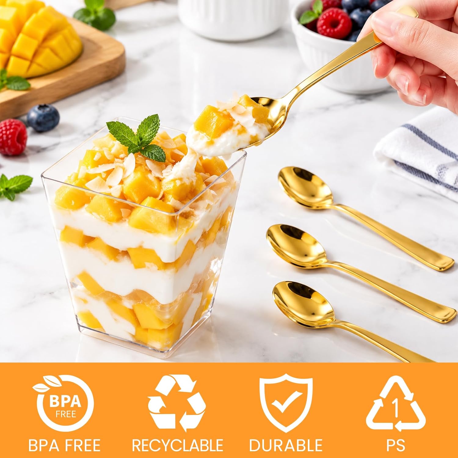 Aldernest 165 Pcs 5oz Dessert Cups with Lids, Gold Spoons, Clear Plastic Parfait Cups, 55 cups + 55 spoons + 55 lids