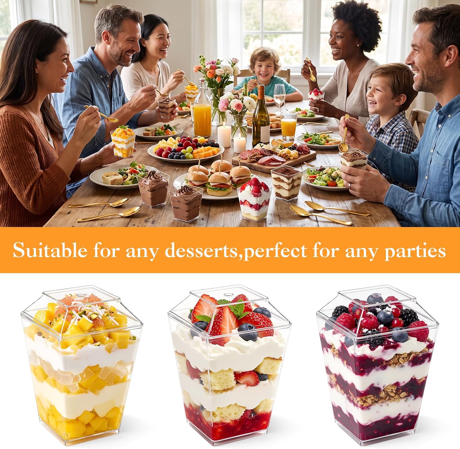 Aldernest 165 Pcs 5oz Dessert Cups with Lids, Gold Spoons, Clear Plastic Parfait Cups, 55 cups + 55 spoons + 55 lids