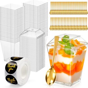 Aldernest 165 Pcs 5oz Dessert Cups with Lids, Gold Spoons, Clear Plastic Parfait Cups, 55 cups + 55 spoons + 55 lids
