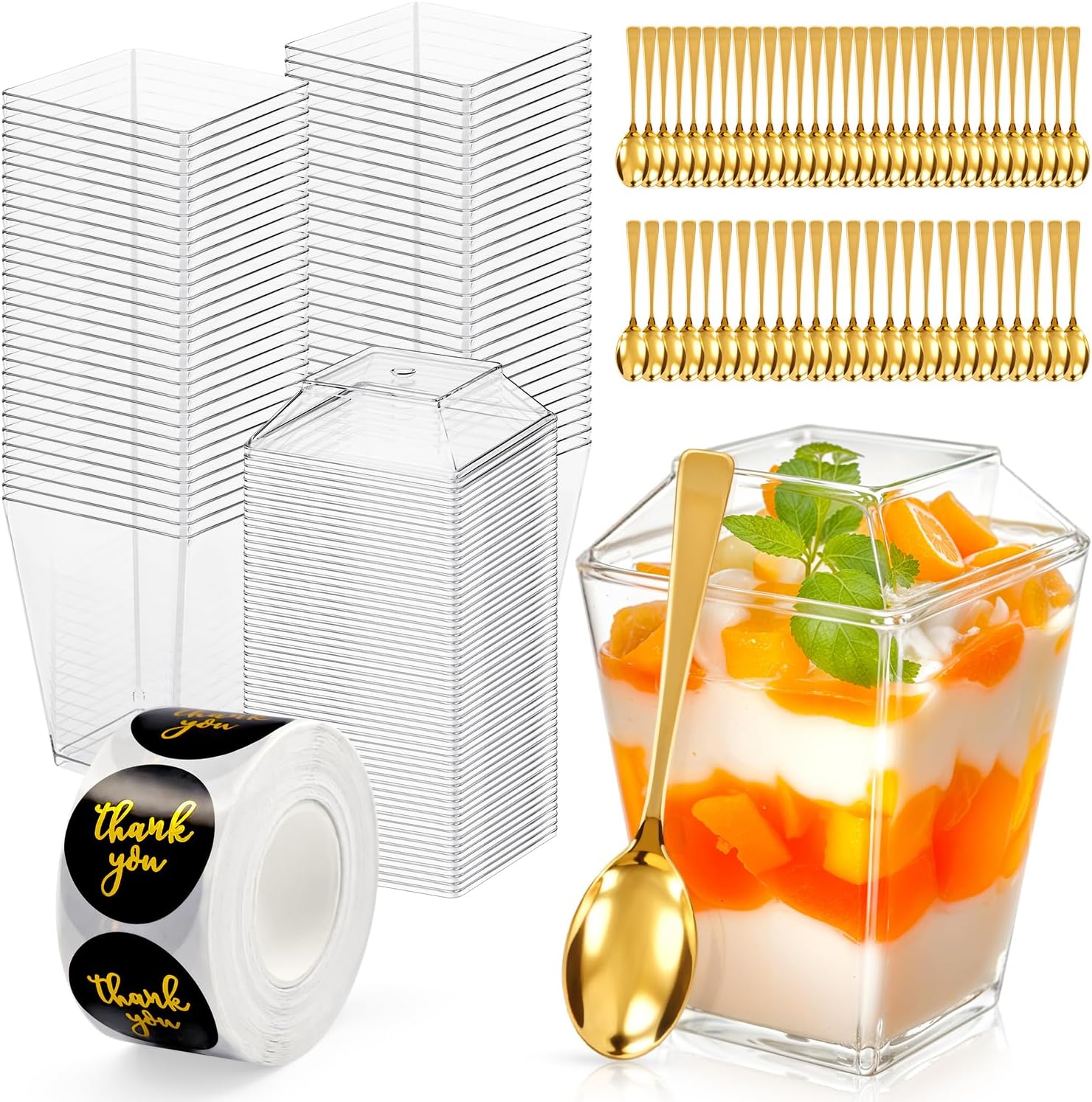 Aldernest 165 Pcs 5oz Dessert Cups with Lids, Gold Spoons, Clear Plastic Parfait Cups, 55 cups + 55 spoons + 55 lids