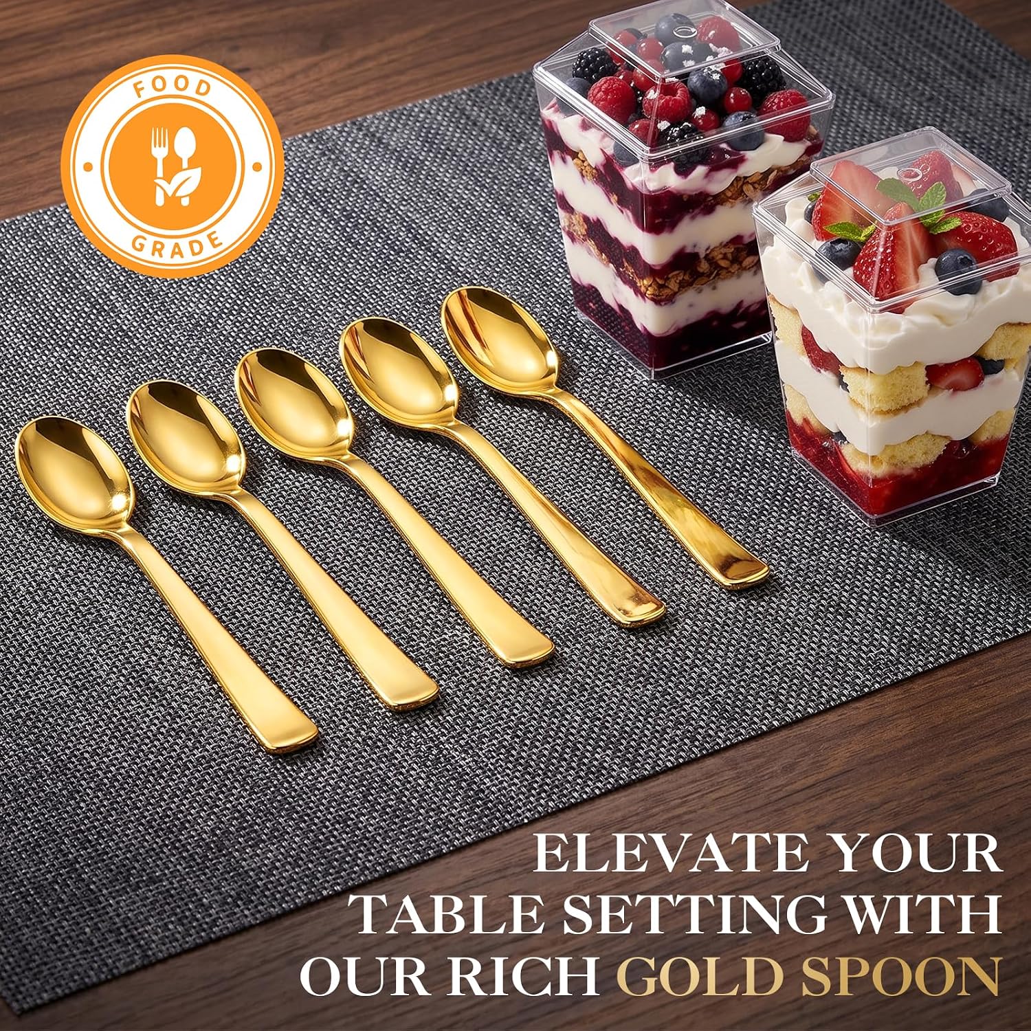 Aldernest 165 Pcs 5oz Dessert Cups with Lids, Gold Spoons, Clear Plastic Parfait Cups, 55 cups + 55 spoons + 55 lids