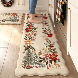 Aldernest Anti Fatigue Christmas Kitchen Mats for Floor Scalloped Kitchen Rug, Christmas/Beige