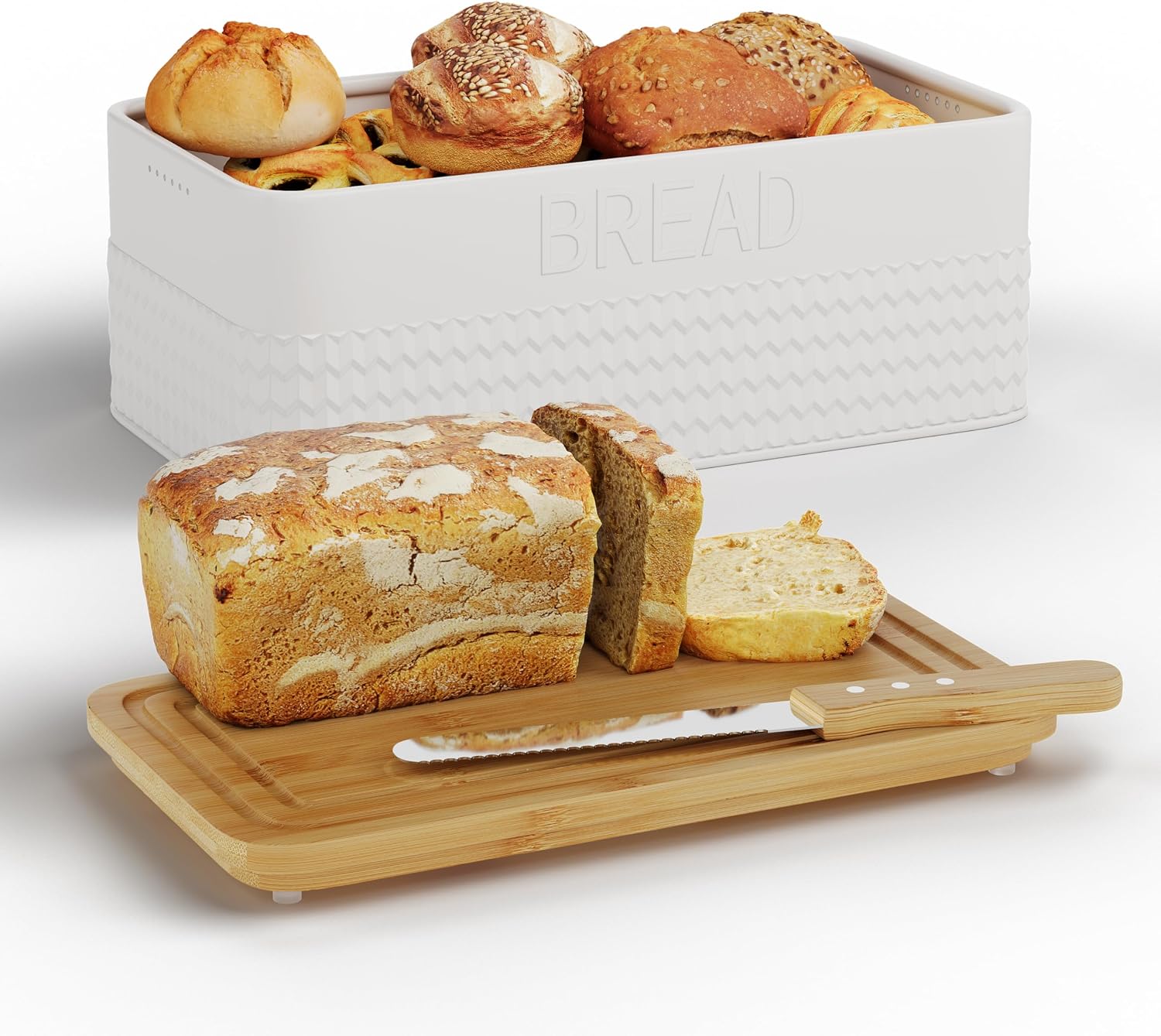 Aldernest Bread Box for Kitchen Countertop, Metal Bread Storage Bin with Bamboo Cutting Board Lid, 2.9 pounds, 24,039 cubic inches, White