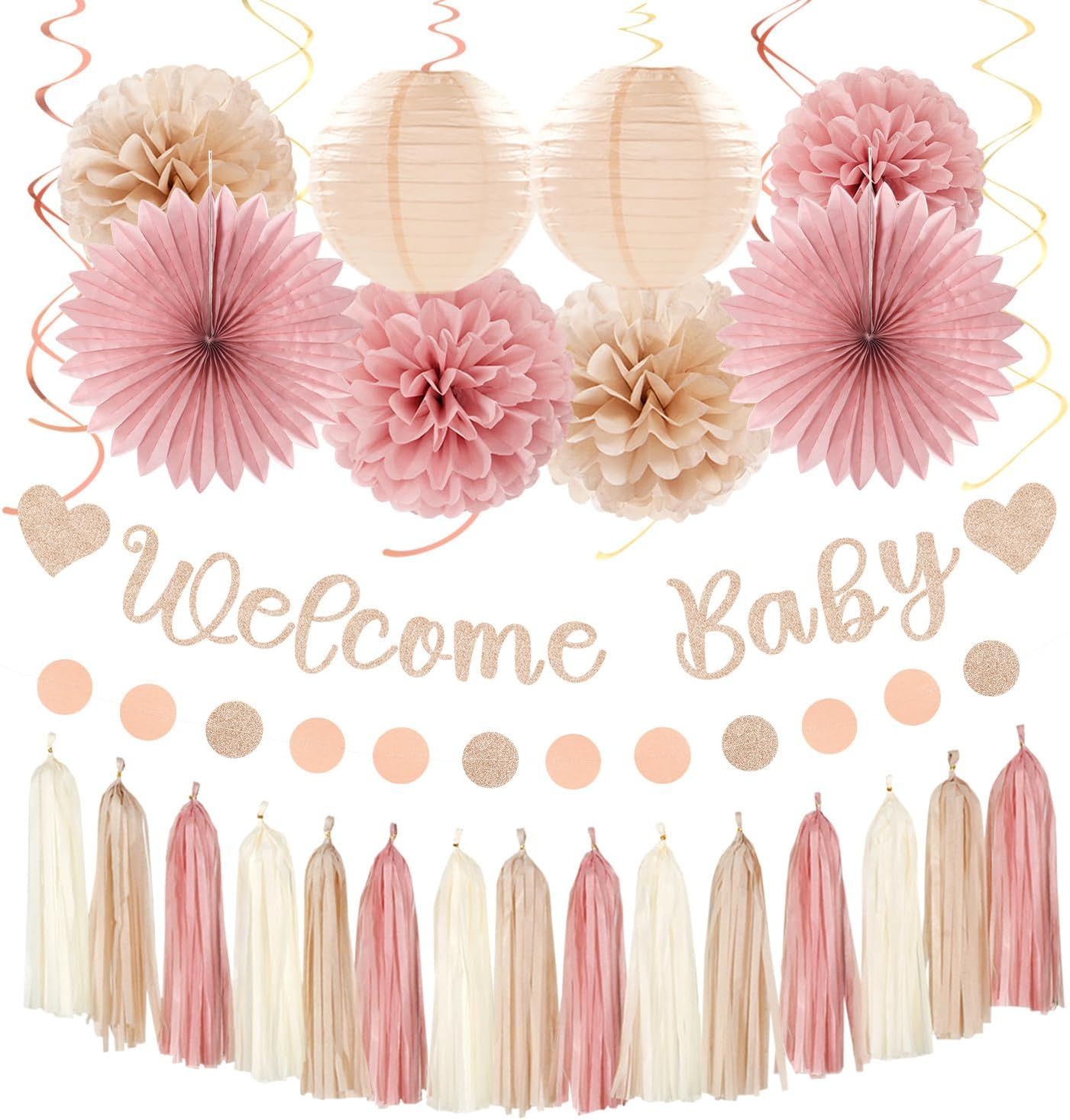 Aldernest Blush-Pink Rose-Gold Fall Baby-Shower Party-Decorations - 31pcs Welcome Home Banner Sign,Neutral Paper Lanterns,Girl Streamers Garland,Boho