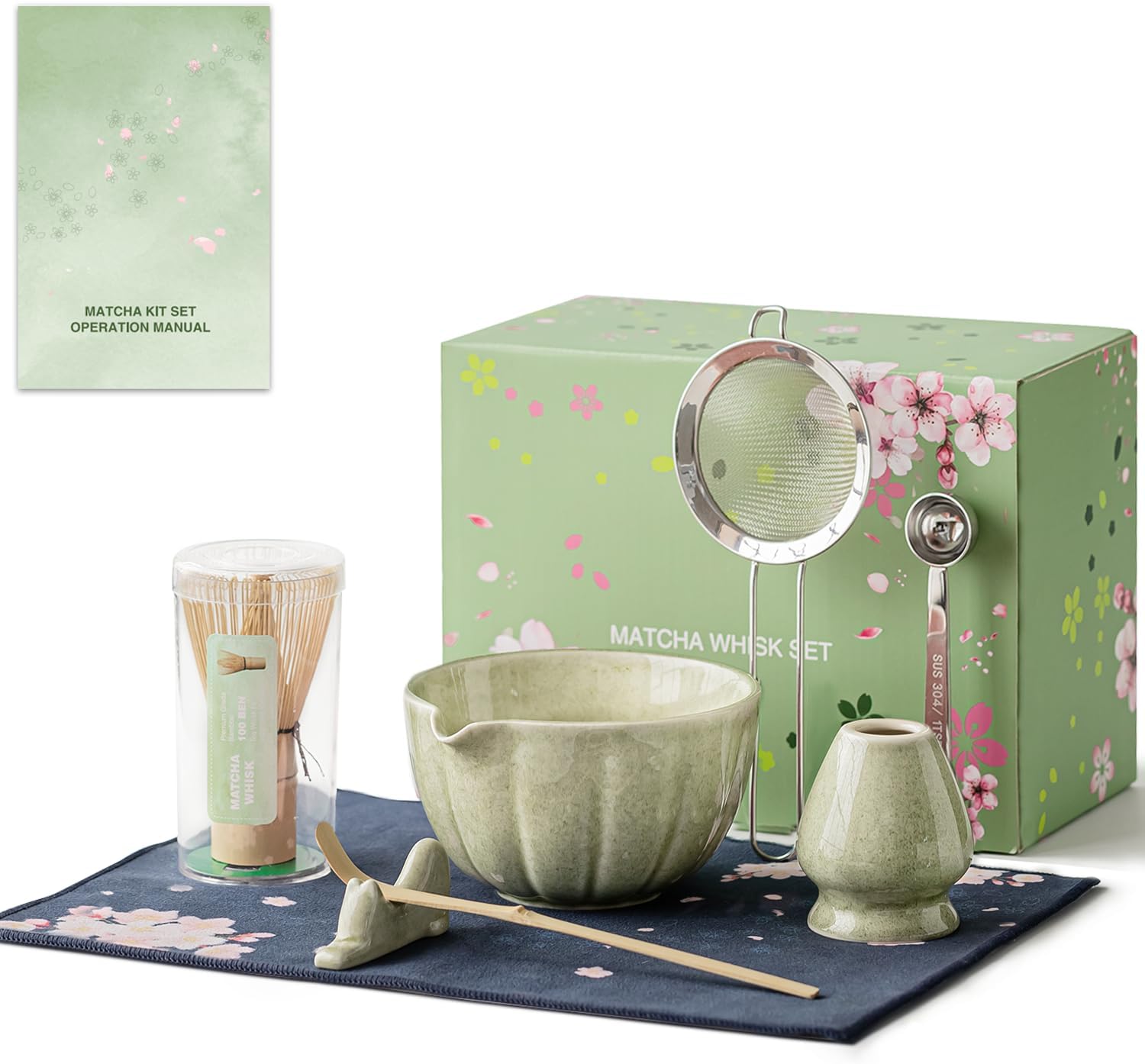 Aldernest 8 Pcs Matcha Whisk Set - Matcha Set with Ceramic Bowl, Bamboo Whisk & Holder, Mottled Green