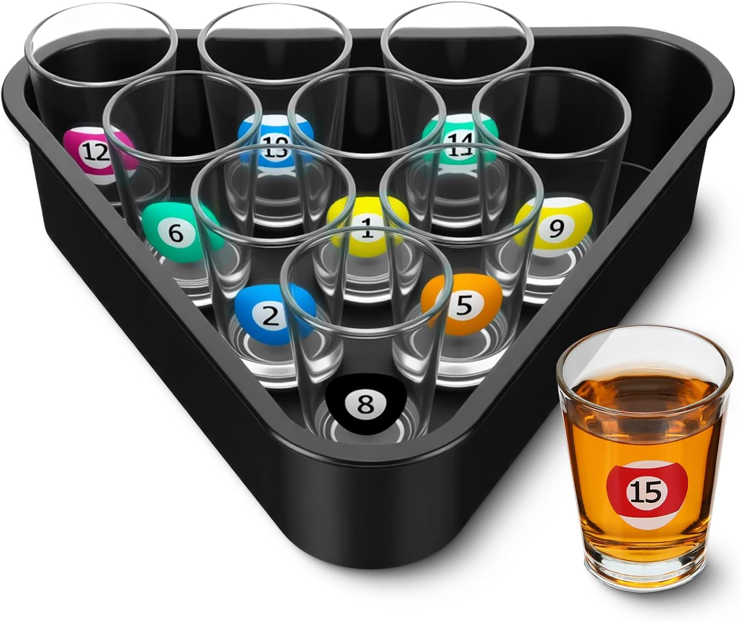 Aldernest Billiards Shot Glass Set Gift for Pool Player 10 Colorful 1 oz, 1.7 pounds, clear, black