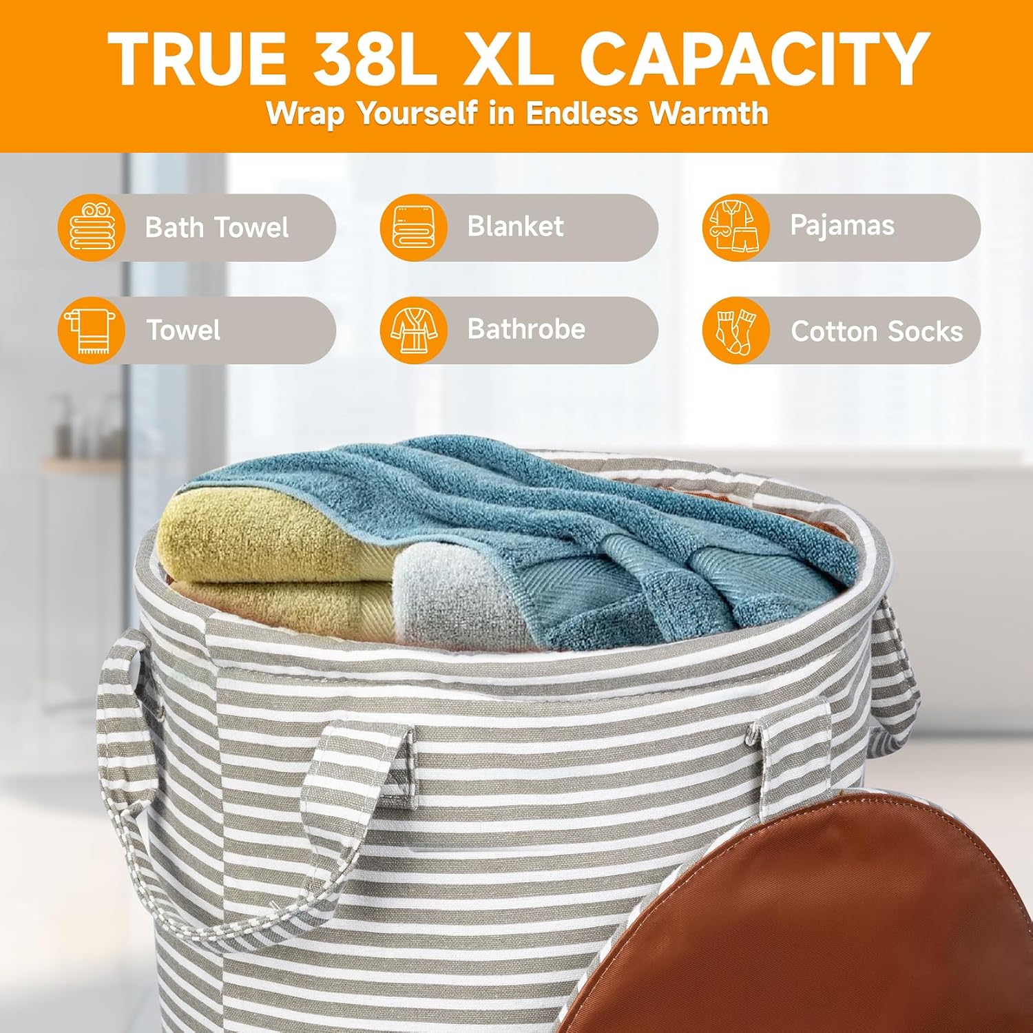 Aldernest 38L Foldable Towel Warmer Bucket, Heated Towel Warmers for Bathroom, 1.62 kg, Gray Stripes