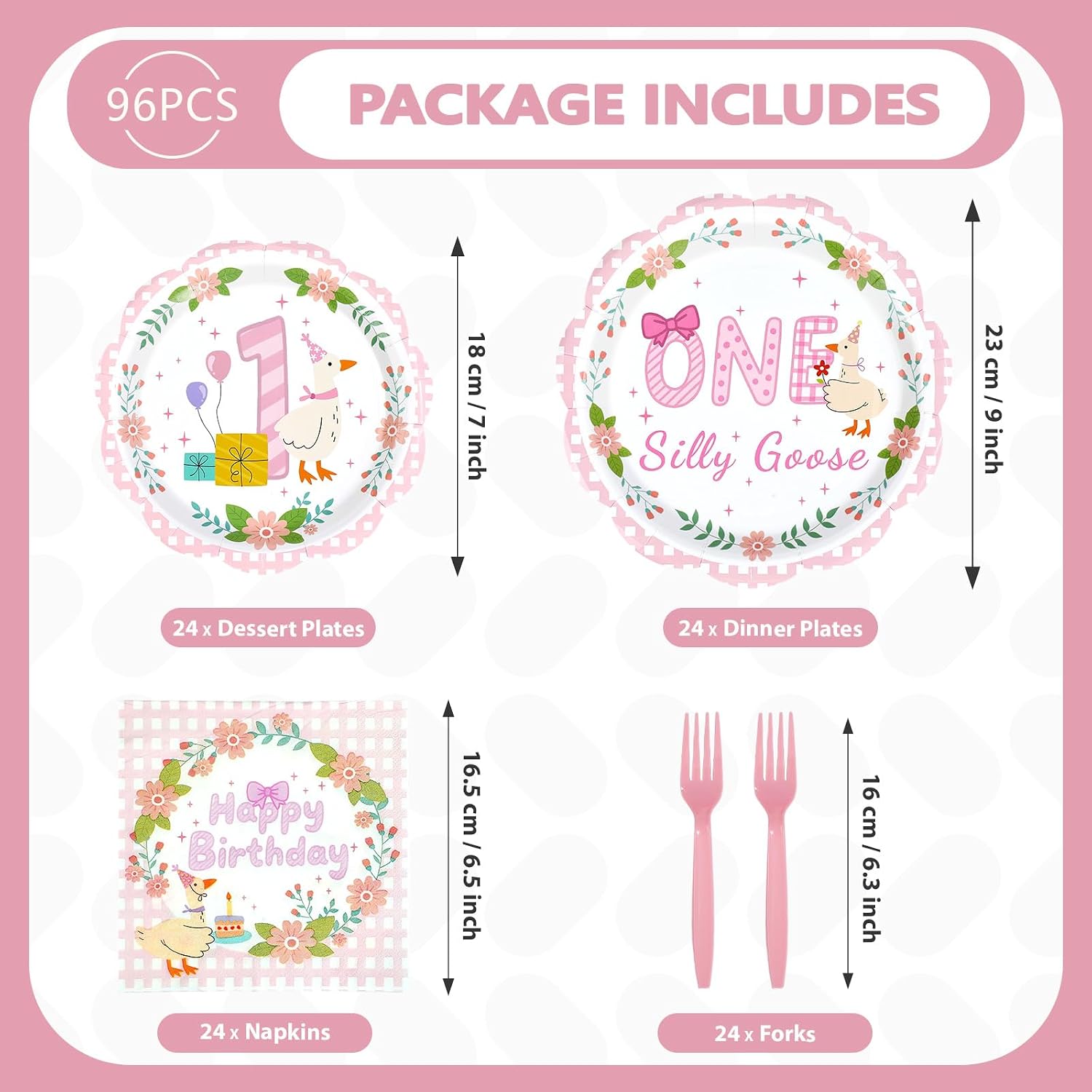 Ashenby 96Pcs One Pink Goose Birthday Party Decorations, Serves 24, 0.83 kg
